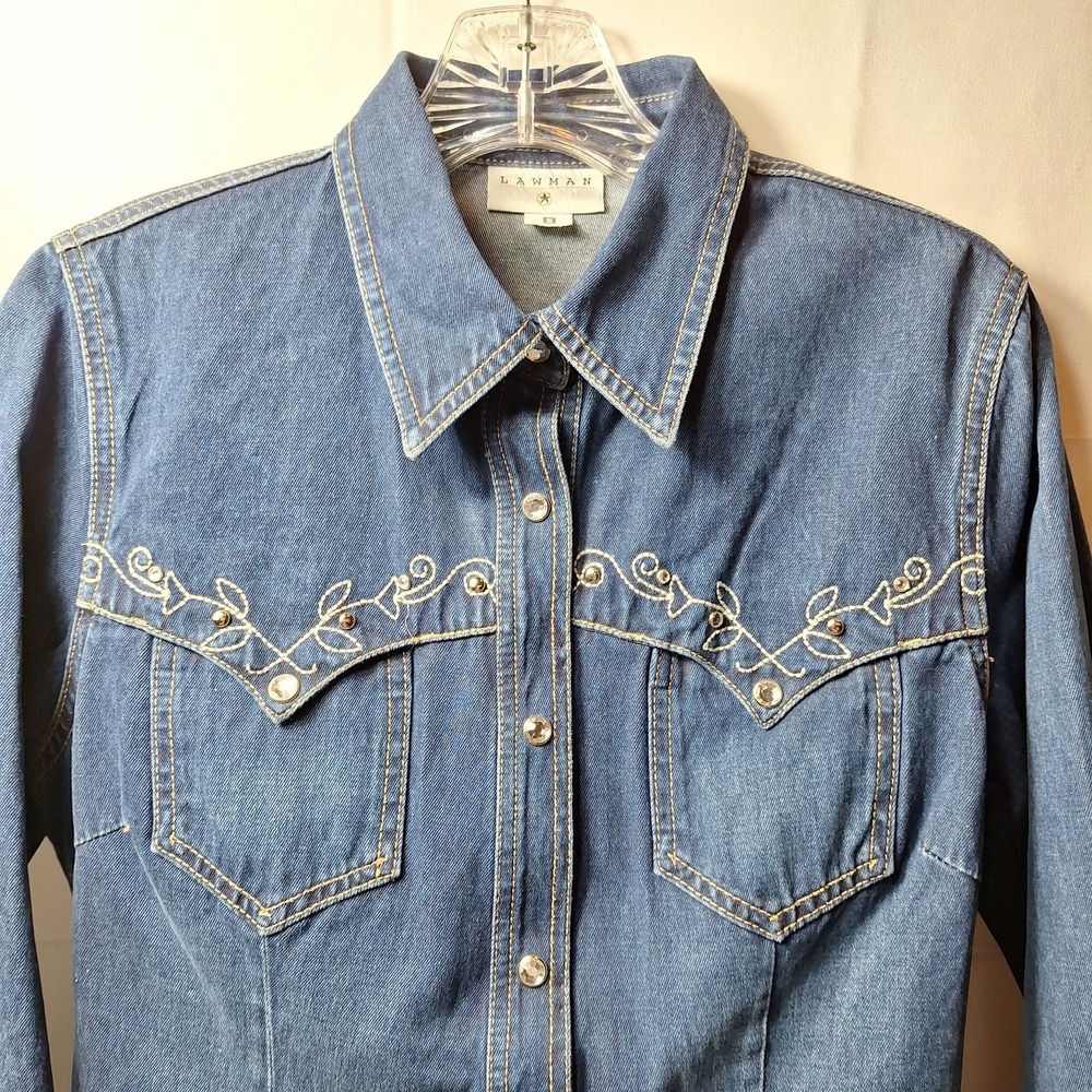 Vtg LAWMAN WESTERN Embroidered Rhinestone Button Denim Top Sz S Cowgirl Festival - Picture 4 of 10